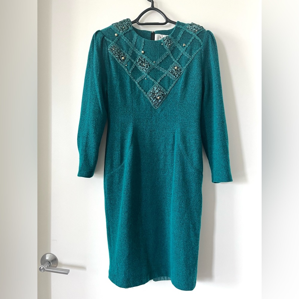 VTG King 80s Women Teal Midi Dress Polyester Linen Wool Sz 38 Made In France EUC